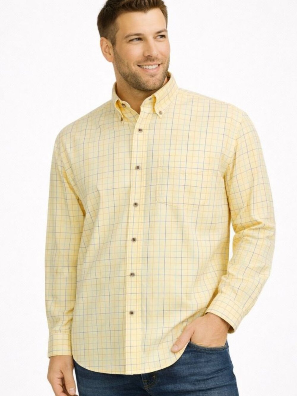 LL Bean Mens Shirt Size M Wrinkle Free Check Traditional Fit Yellow Button Down